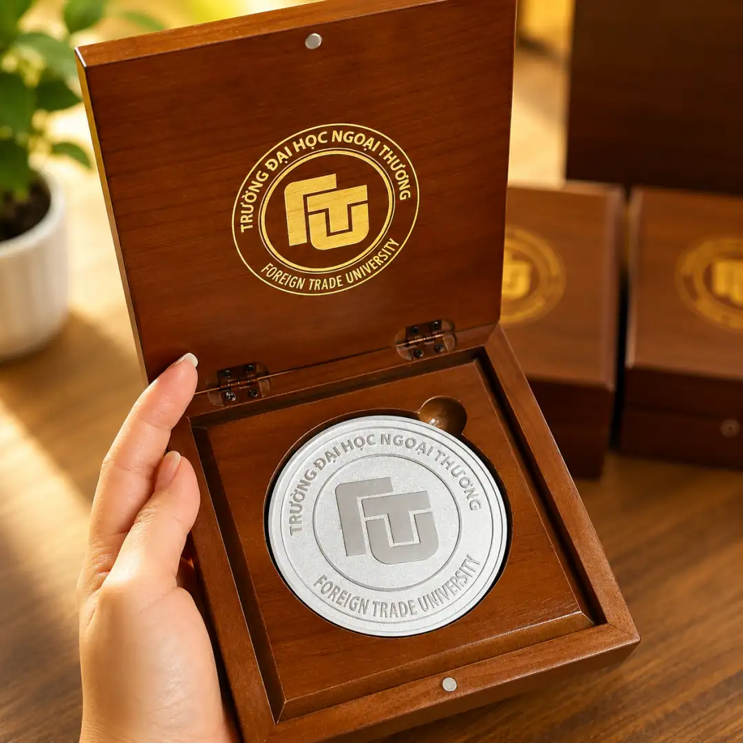 Huy Chương / Biểu Trưng Vàng Bạc Đặt Hộp Gỗ Cao Cấp In/Khắc Logo Doanh Nghiệp