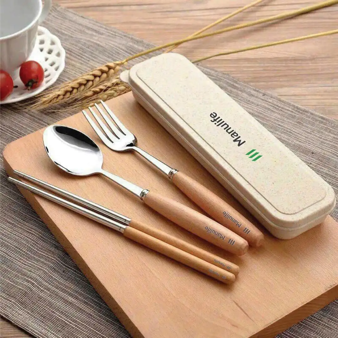Bộ Đũa Thìa Dĩa Inox Cán Gỗ Kèm Hộp Lúa Mạch Quà Tặng Doanh Nghiệp