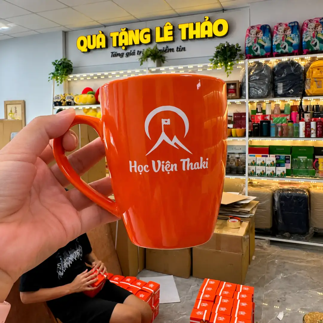 Bộ Quà Tặng Bình Giữ Nhiệt & Ly Sứ Cam Thương Hiệu In Logo Doanh Nghiệp