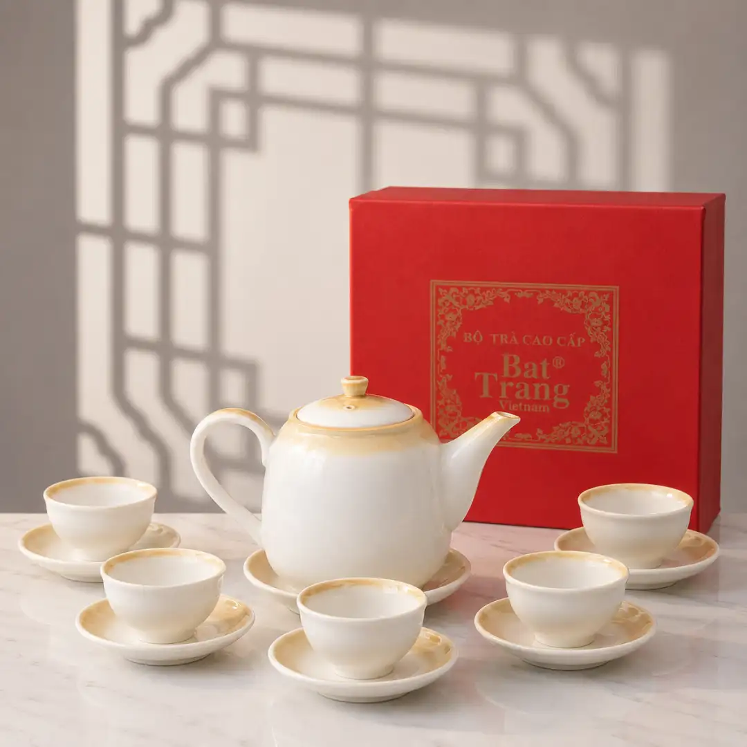 Bộ Ấm Chén Bát Tràng Men Kem Cao Cấp
